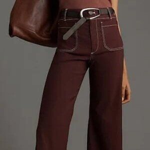 Anthropologie Colette Cropped Wide-Leg Pants Contrast-Stitch Edition 28 BROWN